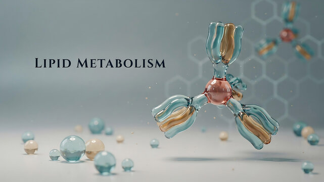 A 3D rendering representing lipid metabolism featuring molecular structures and chemical symbols