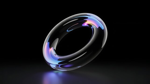 Abstract glass ring with iridescent light dispersion on a black background. Futuristic luxury image for technology, premium branding, and modern design. 3D render illustration.