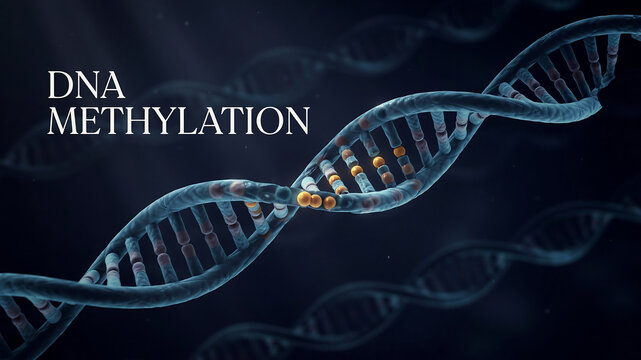 Scientific illustration of a DNA double helix strand representing the biological process of DNA methylation