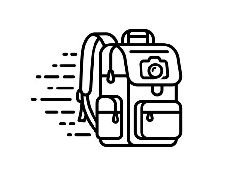 A camera backpack speeds through the air with motion lines suggesting travel and adventure