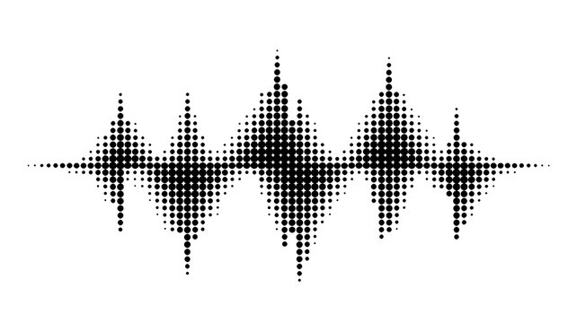 Black halftone sound wave vector isolated on transparent background. Abstract music waveform with grain dot effect, audio frequency, equalizer pattern for podcast, music, social media, PNG