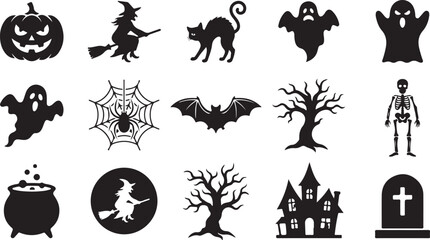 Fototapeta premium Halloween themed black silhouette set featuring a jack-o-lantern, witch on a broomstick, black cat, ghost, spider web, bat, and graveyard