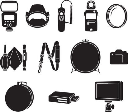 photography accessories and camera equipment solid silhouette icon bundle