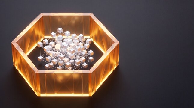 3D data sovereignty concept with glowing hexagonal barrier enclosing data cubes