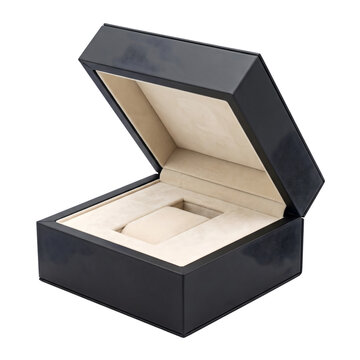 Open black luxury watch box with beige velvet interior isolated