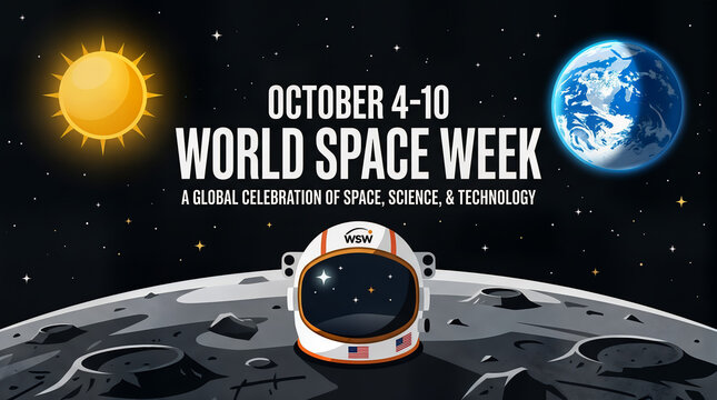 World space week banner with astronaut helmet moon surface sun and earth vector