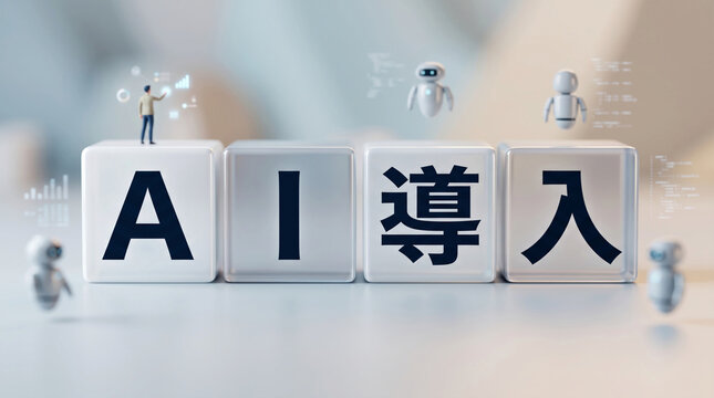 「AI導入」の文字とロボットのミニチュアが並ぶビジネスイメージ概念図