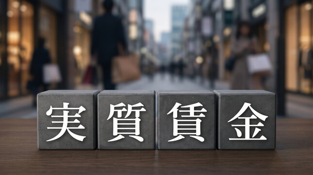 街並みを背景に「実質賃金」の文字を配置した経済コンセプト画像