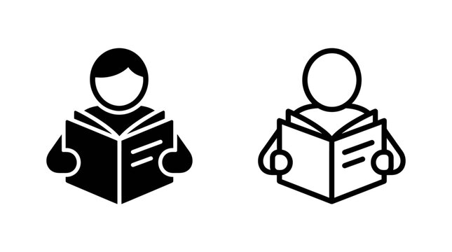 Solid and outline vector icons of a person reading a book with education