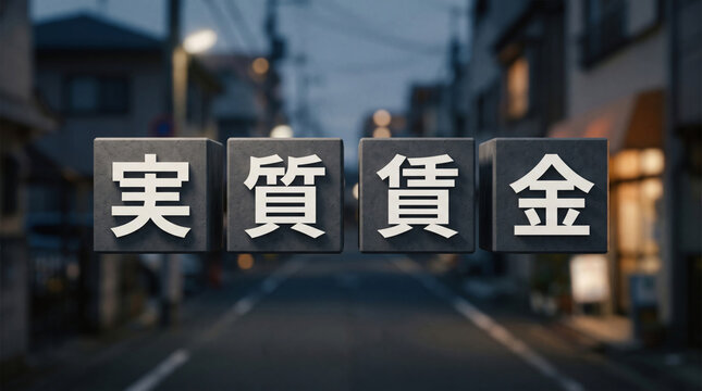 住宅街を背景に「実質賃金」の文字を立体ブロックで表現した経済イメージ