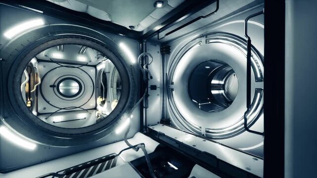 Circular engineering bay space station equipment racks and panels, metallic surfaces, vents, cables and maintenance access points creating utilitarian tech