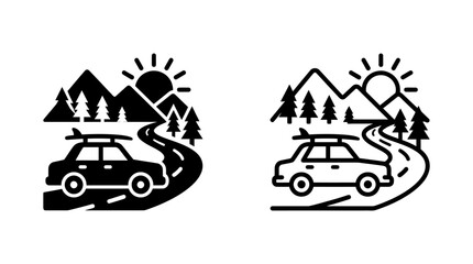 Naklejka premium Landscape scenic icon showing car on road with mountains and sun