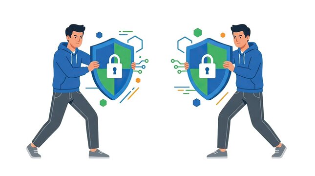 Young Man Protecting Shield with Lock in Two Sides