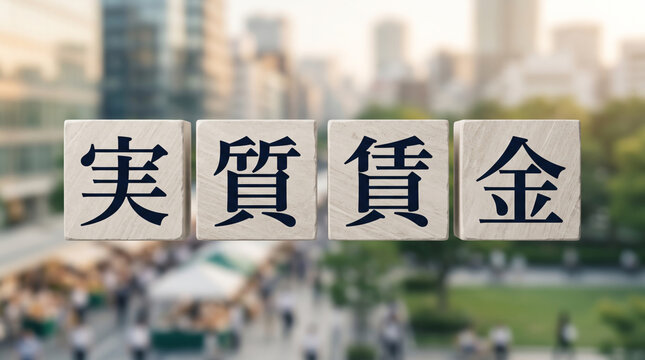 ビジネス街背景に「実質賃金」の文字を並べた木製ブロックの概念画像