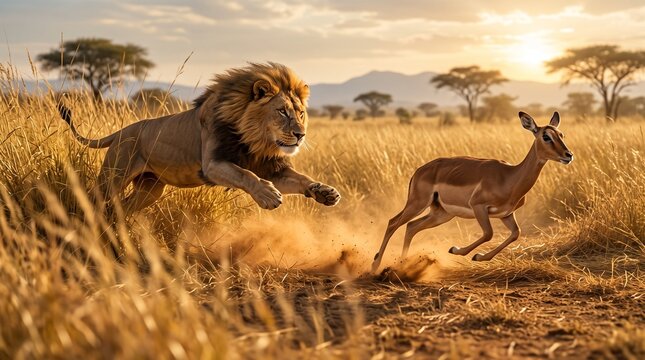 African lion chasing impala on savanna, dramatic wildlife hunt in golden sunset light, predator and prey action in Serengeti