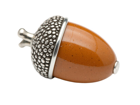 Acorn pin with an orange enamel body and a textured silver cap, isolated on transparent background