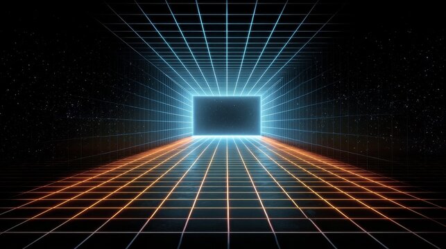 Retro futuristic tunnel with neon grid lines and square corridor perspective, abstract 1980s style digital space background with glowing geometric design and deep symmetry