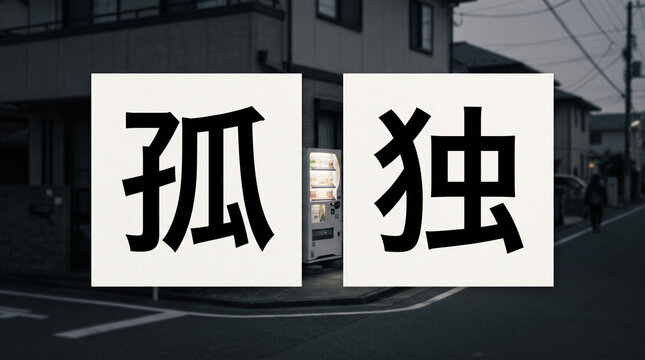 「孤独」の文字を配置した薄暗い住宅街と自動販売機のコンセプト画像