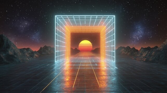 Retro futuristic tunnel with neon grid lines and square corridor perspective, abstract 1980s style digital space background with glowing geometric design and deep symmetry