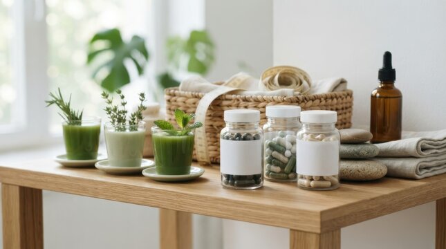 staged wellness shelf with green juice, supplement jars, herbs, measuring tape, and hidden bottle symbolizing healthwashing and misleading branding
