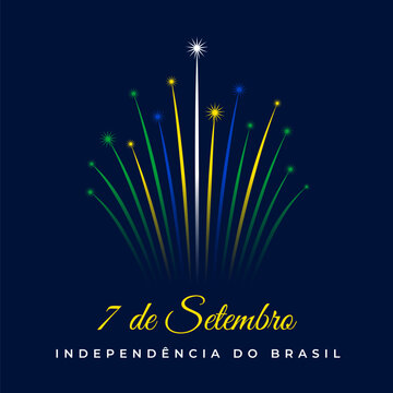 September 7, brazil independence day, brazilian colorful fireworks flag on blue night sky background. National holiday. Greeting card. Vector. Translation September 7th Independence Day of Brazil
