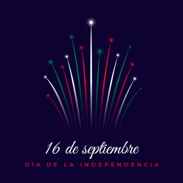 September 16 mexico independence day, mexican colorful fireworks flag on dark blue sky. Mexico national holiday. Greeting card. Vector. Translation september 16th, Mexican Independence Day