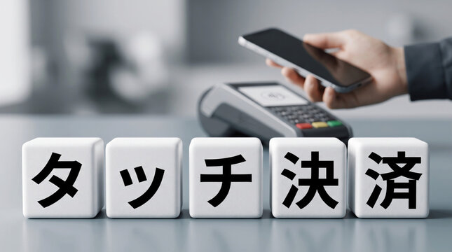「タッチ決済」の文字とスマートフォンでスマートにお支払いする様子