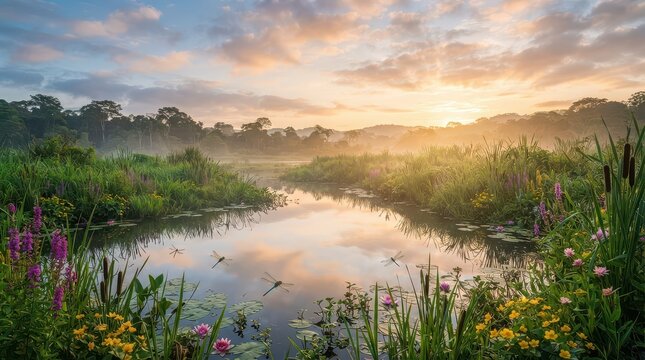 Serene Misty Rainforest Pond with Dragonflies and Wildflowers at Sunrise nature landscape