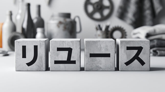 「リユース」の文字を刻んだブロックと再利用品による環境イメージ