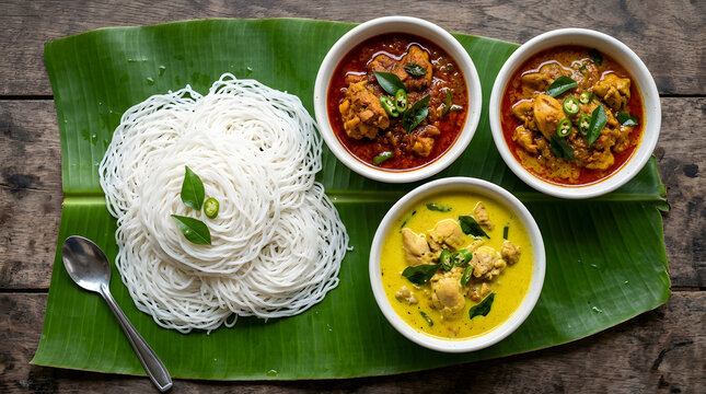 Traditional Sri Lankan String Hoppers Served with Chicken Curries | Idiyappam String Hoppers on Fresh Banana Leaf | South Indian Idiyappam Meal with Spicy Chicken Curry Bowls | Authentic Asian Rice 