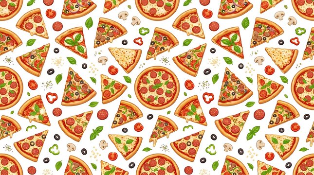 Pizza seamless pattern on white background  Pizza seamless pattern Doodle food objects isolated on white background Fast food backdrop Italian cuisine texture Endless pizza tile Hand-drawn