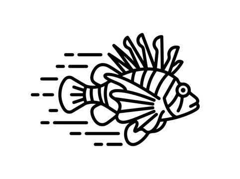A black and white line art lionfish swims quickly through the water with speed lines