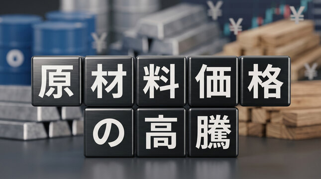 「原材料価格の高騰」の文字と資源イメージの3D背景イラスト