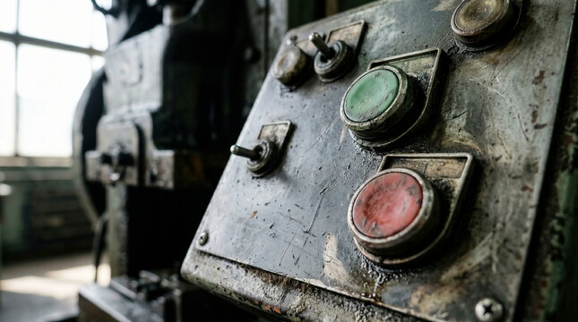 Industrial control panel with dirty buttons and switches in old factory, heavy machinery operations concept.