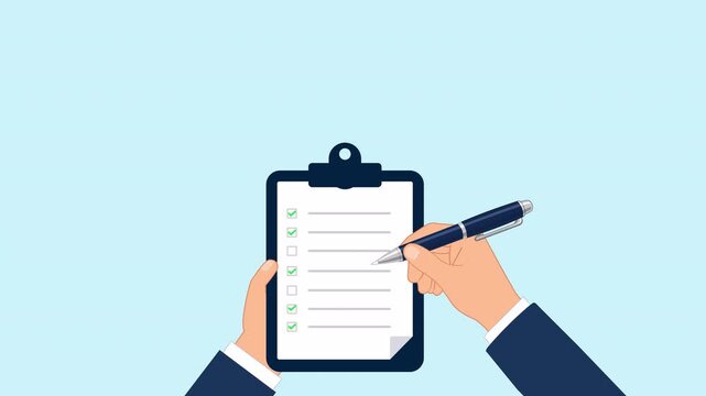 Flat 2D vector animation of a hand holding a checklist document with completed tasks, business verification concept, alpha channel transparent background.