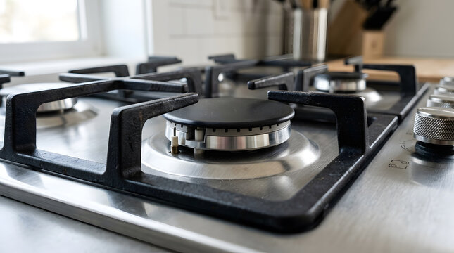 Modern Stainless Steel Gas Cooktop with Cast Iron Grate | Close Up of Clean Gas Stove Burner in Modern Kitchen | Built In Stainless Steel Gas Hob with Control Knobs | Sleek Gas Cooktop Stove Surface 