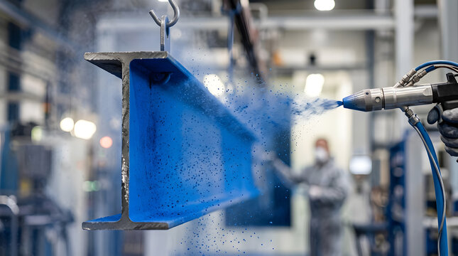 Industrial Powder Coating Process on Blue Steel Beam | Worker Spraying Protective Powder Coating on Metal Beam | Modern Electrostatic Powder Coating Line in Metal Factory | Industrial Metal Surface 