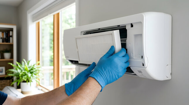 Technician in Blue Gloves Replacing Air Filter in Wall Unit | Installing Clean HEPA Filter Cartridge into Air Conditioner | Indoor Air Quality Service and Air Purifier Filter Replacement