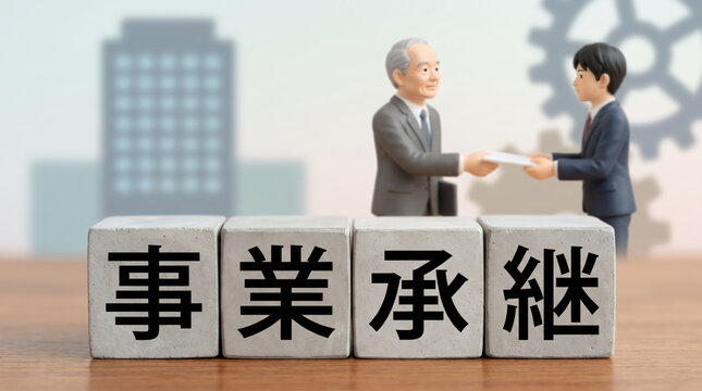 「事業承継」の文字と世代交代を表すビジネスパーソン