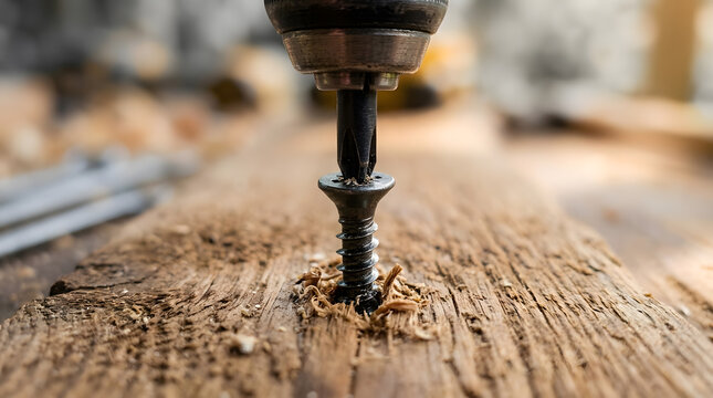 Macro Shot of Screw Driven into Wooden Plank with Drill | Cordless Power Drill Driving Black Screw into Wood | Carpenter Fastening Wood Screws in Carpentry Workshop | Close Up of Power Drill Bit Screw