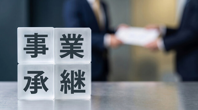 「事業承継」の文字を配置したブロックと書類を交わすビジネスパーソン