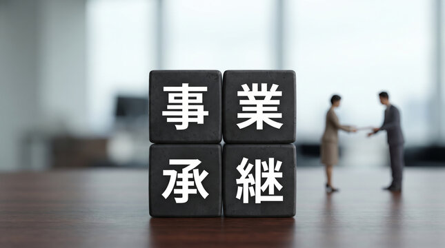 「事業承継」の文字を刻んだブロックと取引のイメージ