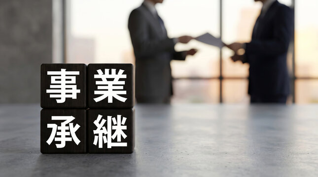 オフィスで書類を交わすビジネスパーソンと「事業承継」の文字