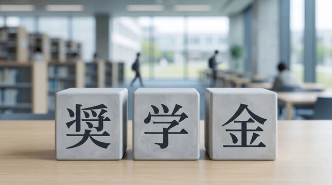 キャンパスの図書館で「奨学金」の文字を表示したブロック