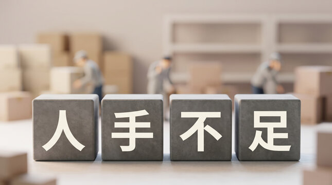 「人手不足」の文字と物流倉庫で働く作業員の概念イラスト