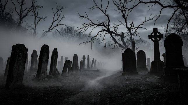 Haunted burial ground enveloped in dense low mist featuring monochromatic silhouettes of weathered tombstones and eerie bare branches  cemetery graveyard fog misty trees silhouettes graves