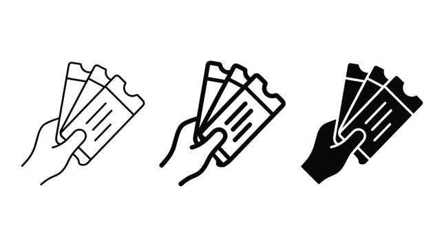 Three ticket icons featuring hand holding admission passes in thin medium and bold styles for event promotion or ticketing service systems.
