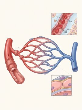 Medical illustration of human capillary network showing arterial inflow and venous outflow in circulatory system