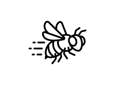 A line art bee flying fast with motion lines while buzzing to collect nectar from flowers