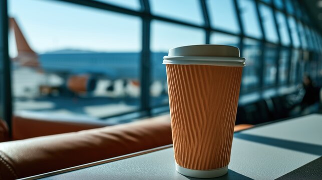 Takeaway coffee cup on a table in a modern airport lounge, panoramic window overlooking a parked airplane, bright summer daylight and clean minimal travel atmosphere.